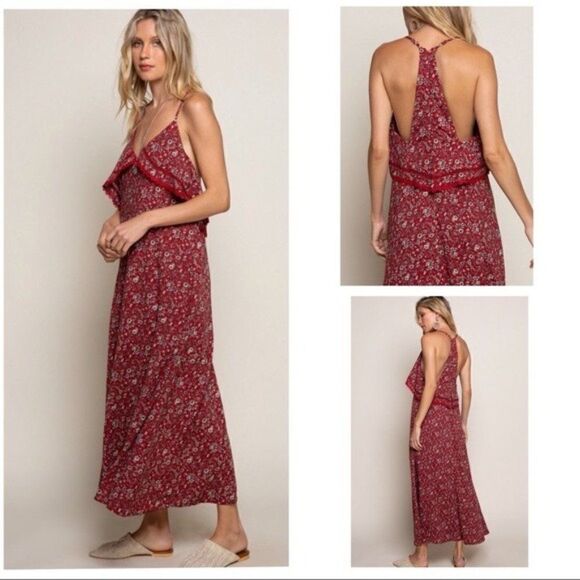 𝅺floral Ruffle Maxi Dress Featuring Red Base Print - Picture 4 of 16